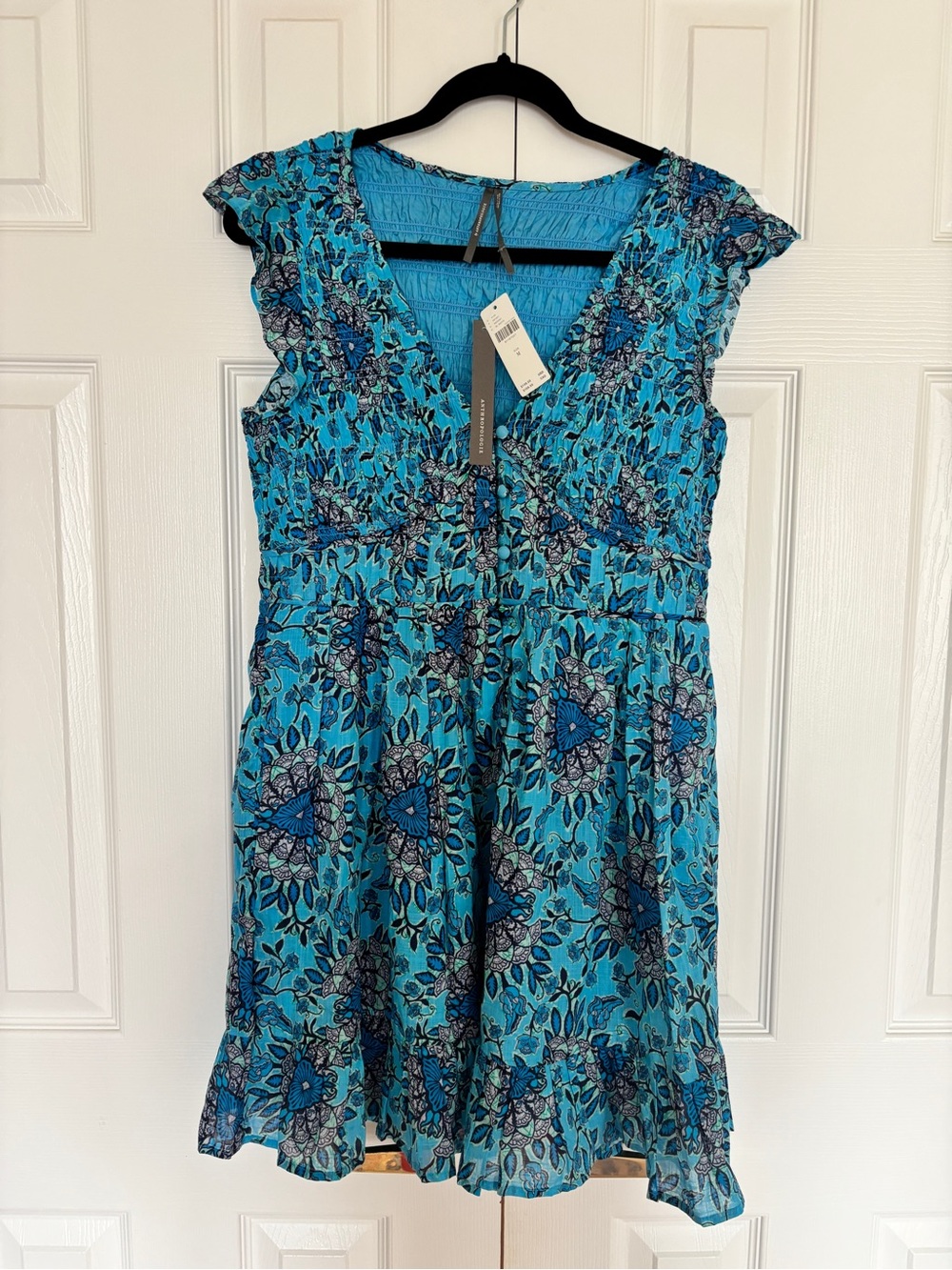 Anthropologie Blue Floral Smocked V-Neck Mini Dress